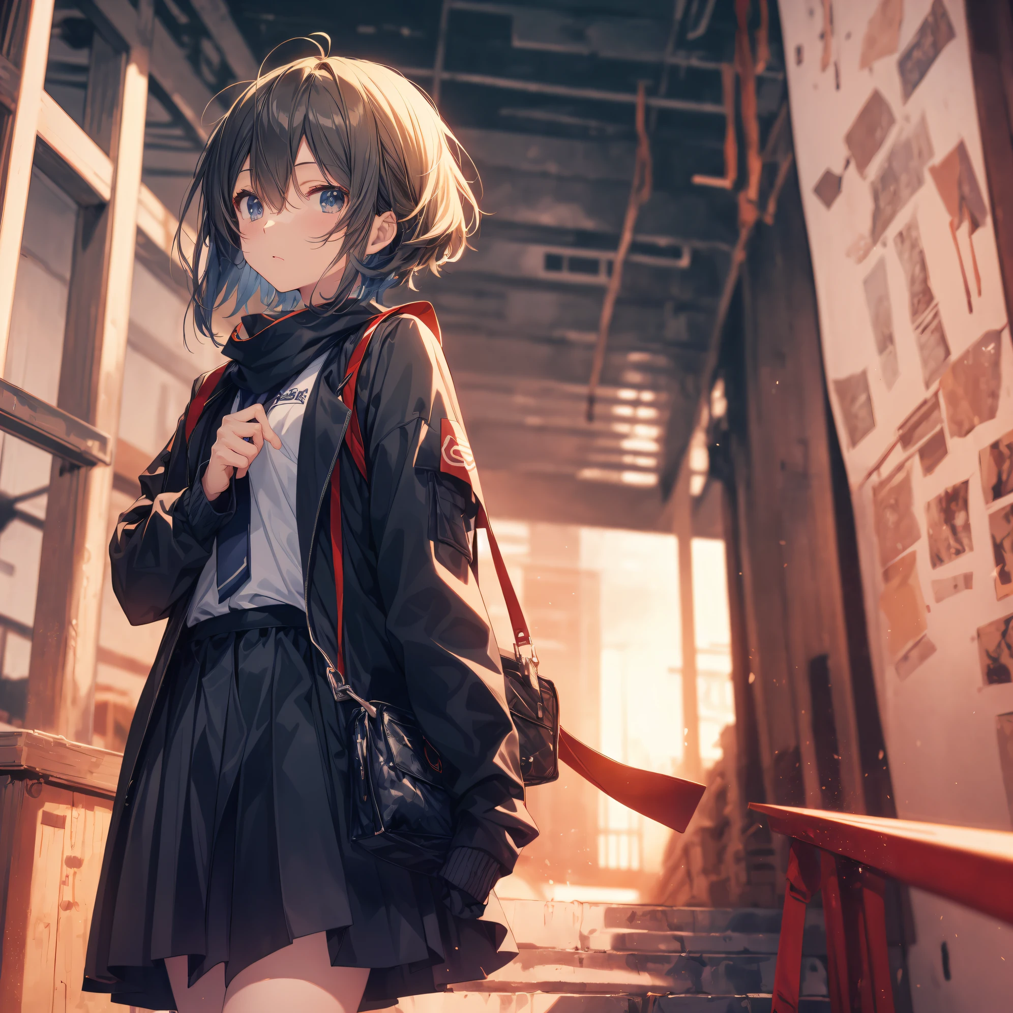 Top quality by Moe creator god, Ultra-detailed, anime moe art style,Best Anime 8K Konachan Wallpapers,Pixiv Contest Winner,Perfect Anatomy, BREAK,(Draw a girl sleepily walking to school. ),BREAK, 1girl in, (Solo,,,13years:1.3),a junior high school student, Androgynous attraction, (messy very short hair), Full limbs, complete fingers, flat chest, Small butt, groin, Small eyes,Beautiful detailed black eyes, Well-proportioned iris and pupils, disgusted eye, Japan , Skirt, On the way to school. BREAK,High resolution,super detailed skin, The best lighting by professional artists, 8K, Illustration,