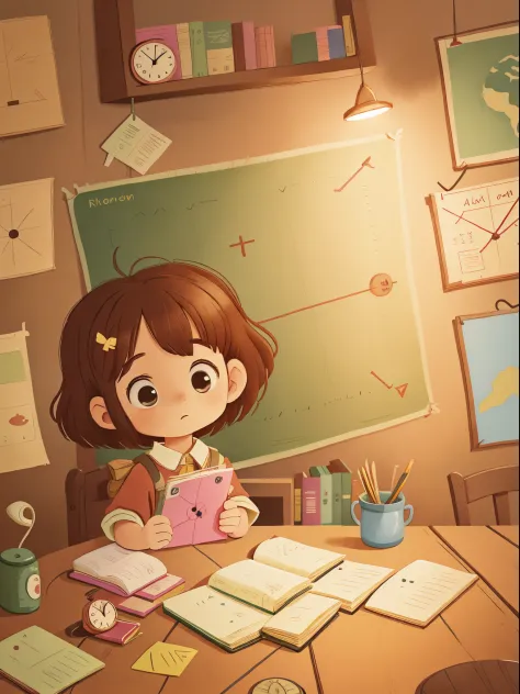 little girl in library，An old map  spread out on the table，A mysterious sign marked on the map，