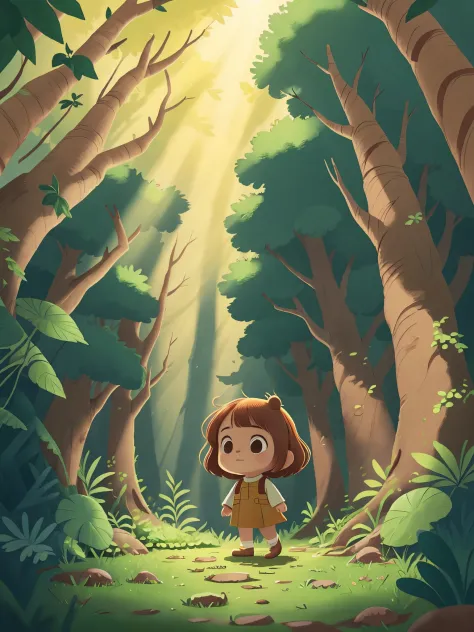 Little girl walking through a forest，The sun shines through the leaves and casts mottled light and shadow on the ground，