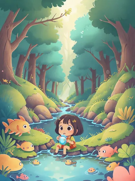 Little girl drinks water from a clear stream，Fish swimming around in the water，