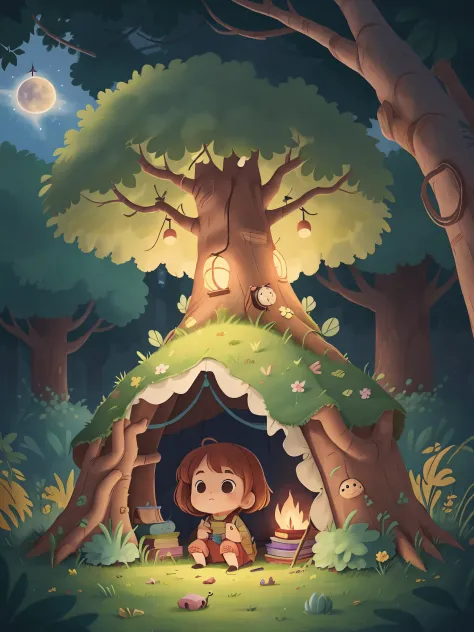 The little girl built a tent under a big tree，The night sky  dotted，