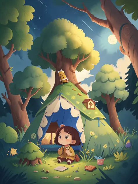 The little girl built a tent under a big tree，The night sky  dotted，