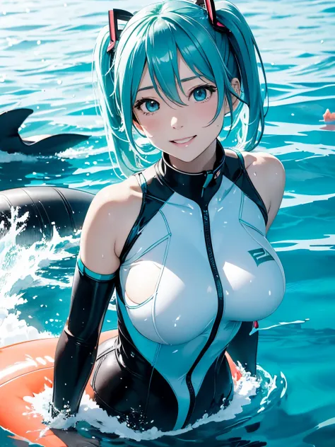 miku hatsune,Swim with dolphins in the sea,Beautiful breasts,Diving suit,snorkel,The corals