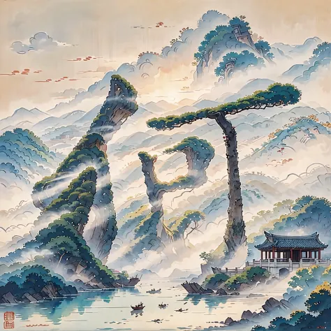Ancient Chinese buildings on the island，pavilion，pyloniscellaneous trees，Clouds，Green tree，Orange tree, chinese watercolor style...