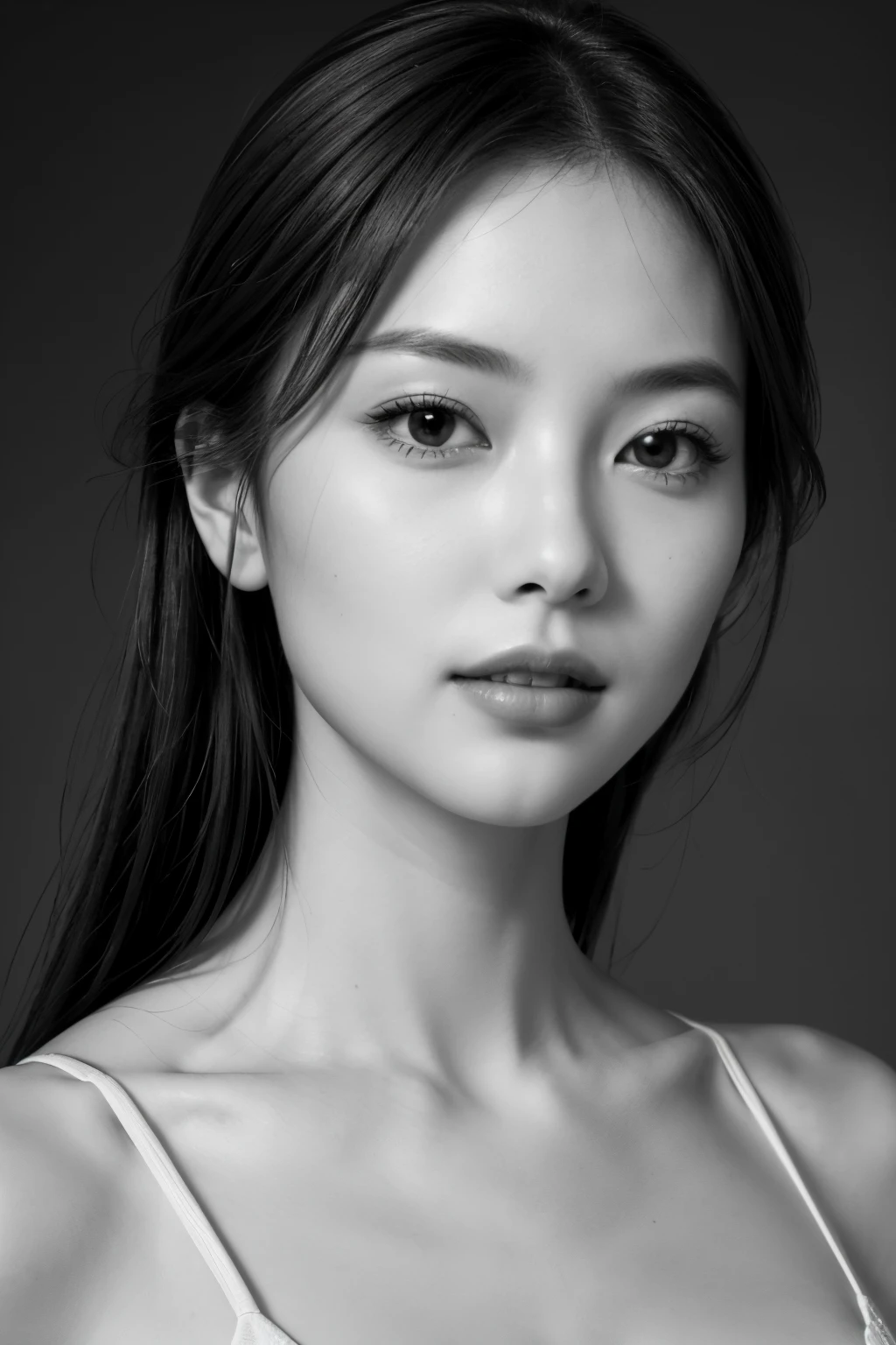 masutepiece, Best Quality, Photorealsitic, Ultra-detailed, finely detail, hight resolution, 8k wallpaper, Professional, high level of detail, ((monochromes)), 1girl in, ((Facing the front)), ((Vermilion lips)), Detailed clavicle, face perfect, straight haired