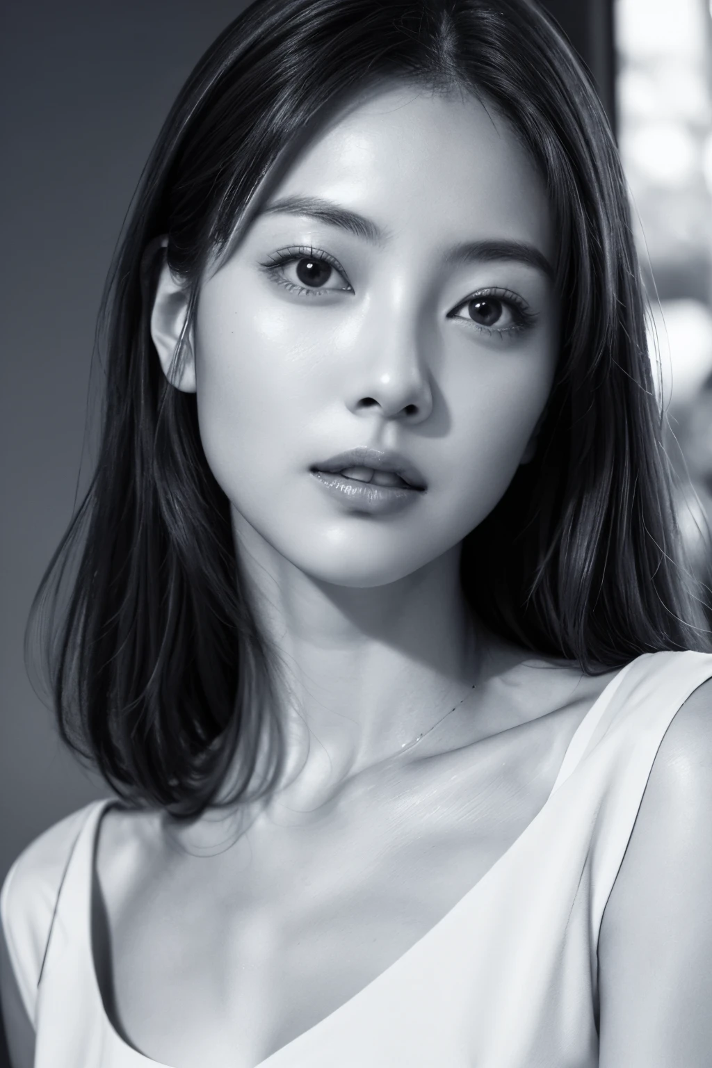 masutepiece, Best Quality, Photorealsitic, Ultra-detailed, finely detail, hight resolution, 8k wallpaper, Professional, high level of detail, ((monochromes)), 1girl in, ((Facing the front)), ((Vermilion lips)), Detailed clavicle, face perfect, straight haired, (look at a camera)