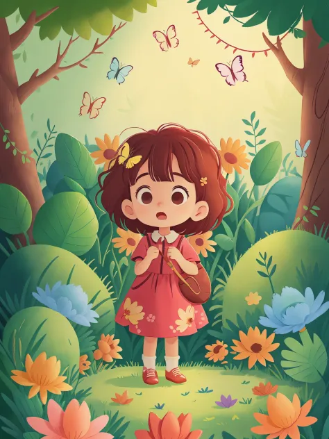 Little girl  surprised to see colorful flowers in the garden，strange fruit，shining butterflies，