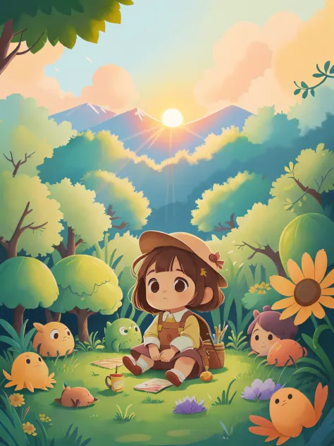 The sun  setting in the west，Little girl sitting in the center of the garden，Painting her favorite scenery，surrounded by new friends，
