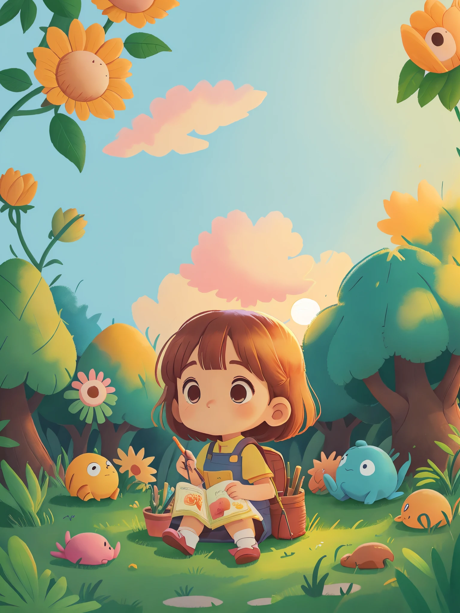 The sun  setting in the west，Little girl sitting in the center of the garden，Painting her favorite scenery，surrounded by new friends，