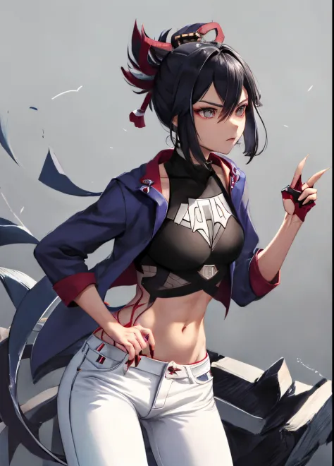 Cute girl, claws from between her fingers like Logan's، Wolverine, Logan, X - men, Standing, wearing a white bra, blue pants, long claws like Wolverine's, Superhero Wolverine