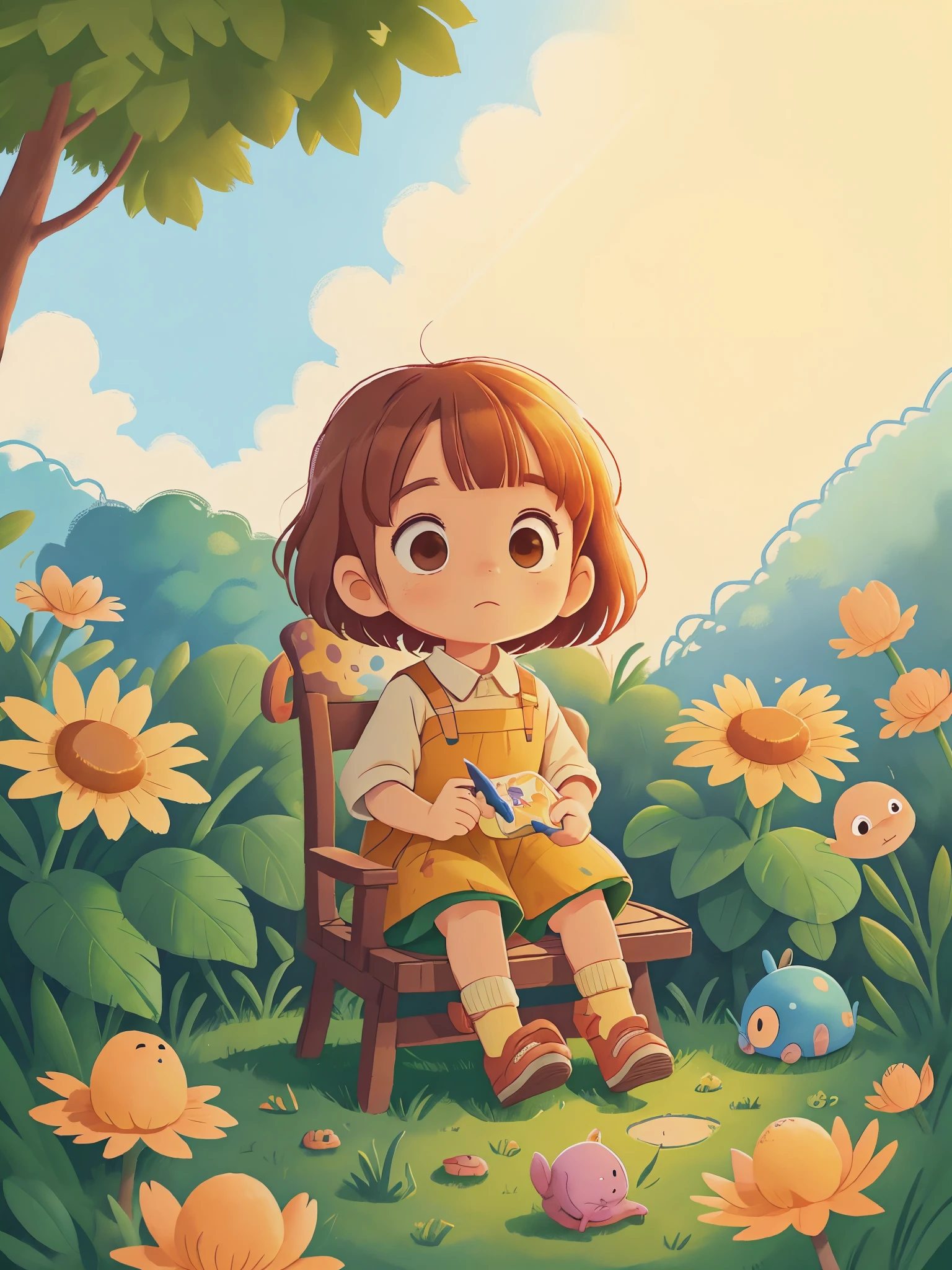 서쪽으로 지는 해， 정원 중앙에 앉아，그녀가 가장 좋아하는 풍경을 그린다，새로운 친구들에게 둘러싸여，