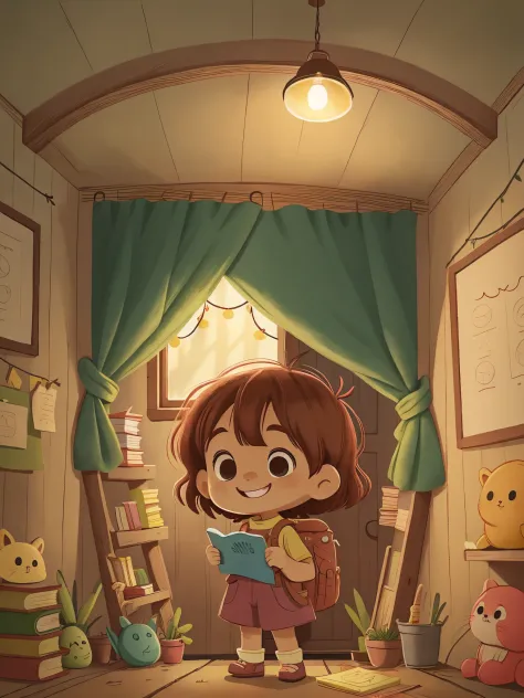 little girl holding an adventure diary，with a satisfied smile on his face，step into the dimly lit home，