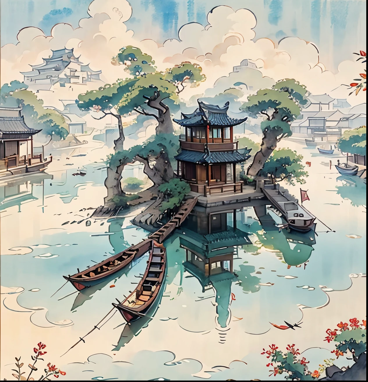 孤島上的中國古建築，亭，竹雜樹，雲，綠樹，橘子樹, 中國水彩風格, 中國畫風格, 中國風景, 中國傳統水彩畫, 中國畫, 高細部水彩8K, 高度細緻的水彩 8 k, 塞纳河上的倒影，點擊一點，光與影的界線清晰，光與影，光影效果