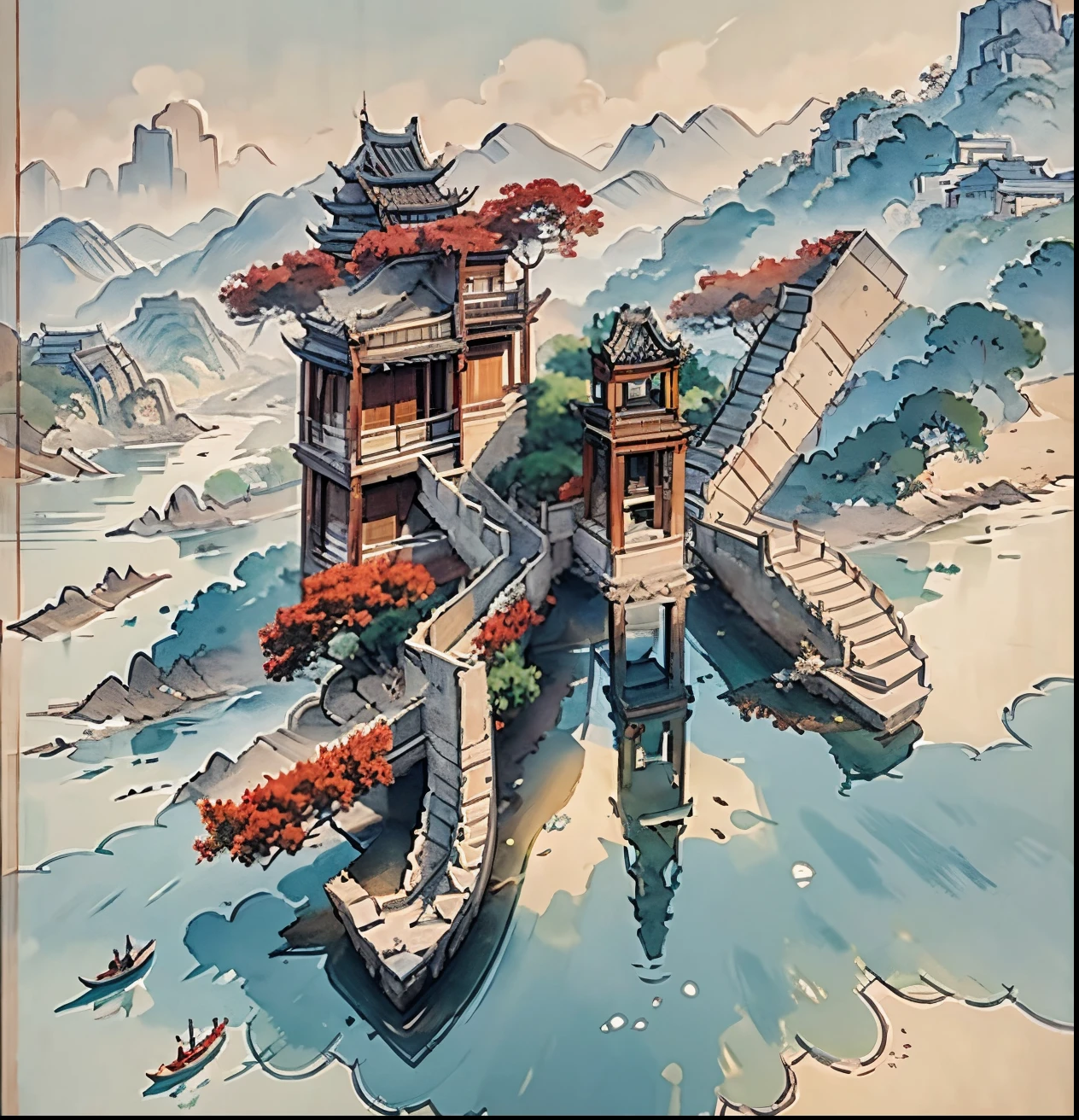 Antigos edifícios chineses numa ilha isolada，quiosque，Árvore diversa de bambu，nuvem，Árvores verdes，Laranjeiras, Estilo aquarela chinês, Estilo de pintura chinesa, paisagem chinesa, pintura em aquarela tradicional chinesa, pinturas chinesas, Aquarela de alto detalhe 8K, aquarela altamente detalhada 8 k, reflexão sobre o Sena，clique um pouco，Os limites entre luz e sombra são claros，luz e sombras，efeito de luz e sombra