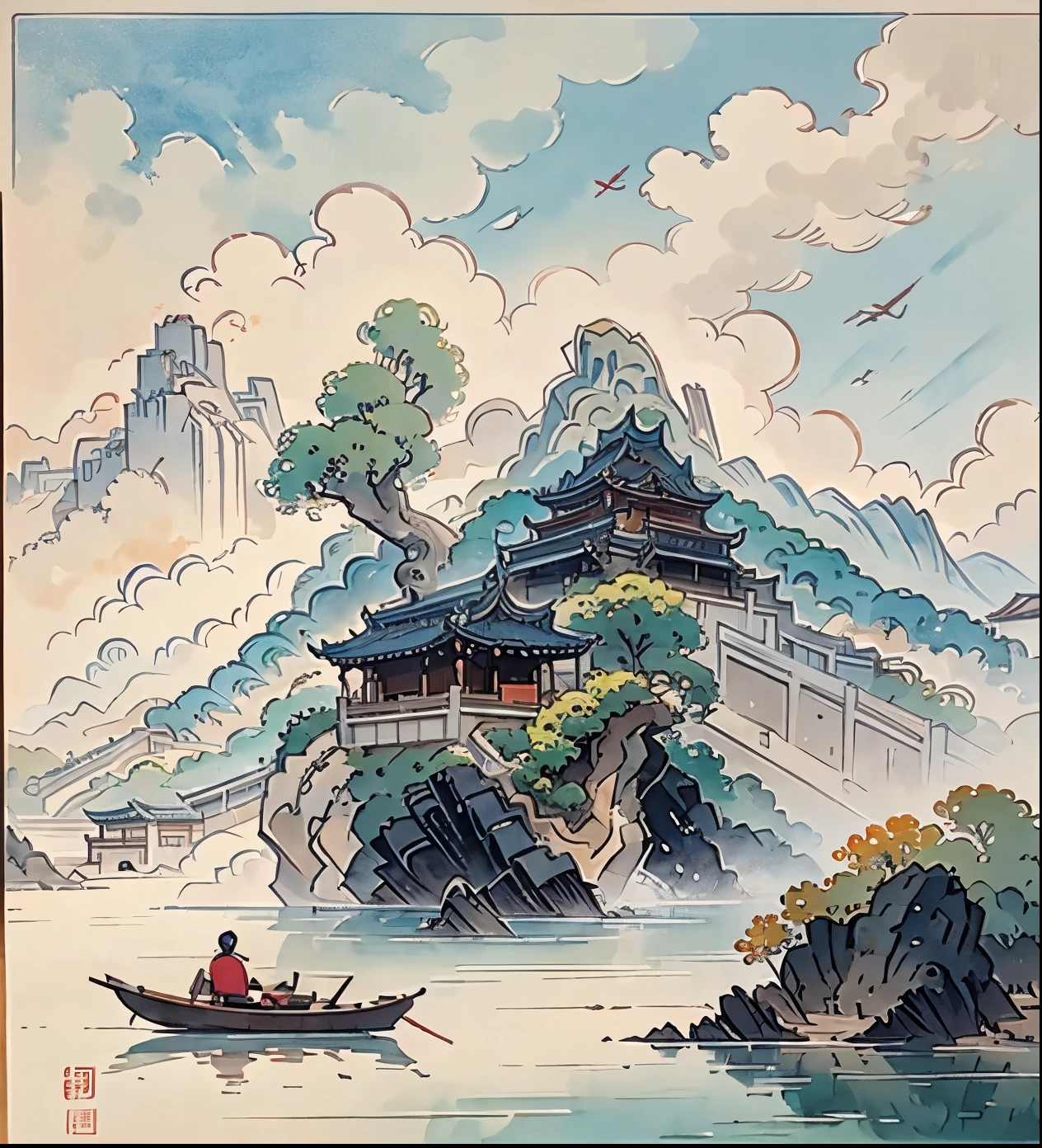 （Depth of field effect，）Ancient Chinese buildings on an isolated island，kiosk，Bamboo miscellaneous tree，​​clouds，green trees，Orange trees, chinese watercolor style, chinese painting style, Chinese landscape, traditional Chinese watercolor painting, chinese paintings, High detail watercolor 8K, highly detailed water colour 8 k, Reflection on the Seine，click a little，The boundaries between light and shadow are clear，light and shadows，light and shadow effect，The background  blurred out