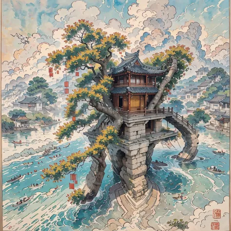 Ancient Chinese buildings on an isolated island，kiosk，Bamboo miscellaneous tree，​​clouds，green trees，Orange trees, chinese water...
