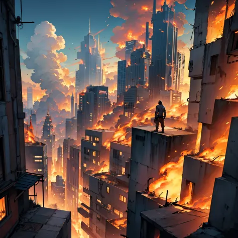 shirtless man on top of a building looking at the burning city in an epic view, Sem estilo anime, scene all in flames, apocalyptic