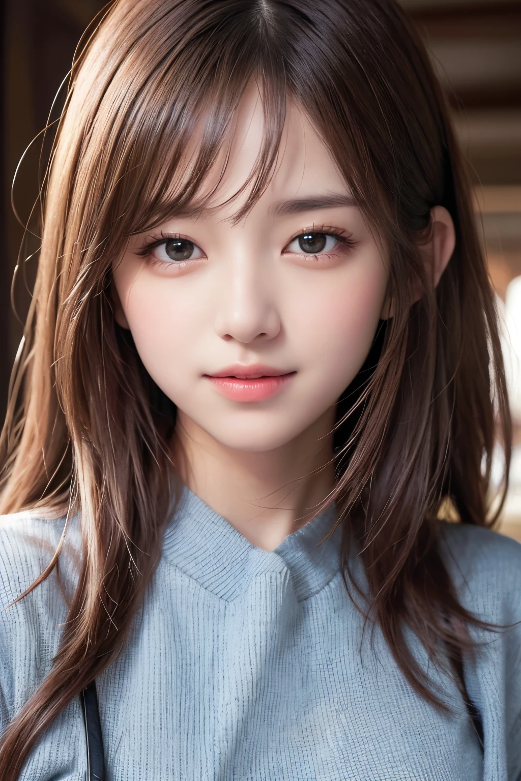 ​masterpiece, The highest image quality, hightquality, beautiful a girl, japanes, Japan , Popular Korean Makeup,Sweater that kills virgins、 detaileds, Swollen eyes, A detailed eye, Detailed skin, Beautiful skins, 超A high resolution, (Reality:1.4), very extremely beautiful, Slightly younger face, Beautiful skins, Slender, (A hyper-realistic), (hight resolution), (8k), (beautifully detailed eyes), (Ultra-detail), (wall-), (Detailed face), looking at the viewers, finely detail、A detailed face、pureerosfaceace_v1、A smile、Looking straight ahead、Looks straight from the waist up、photos realistic、Bright lighting、length hair、Winter City