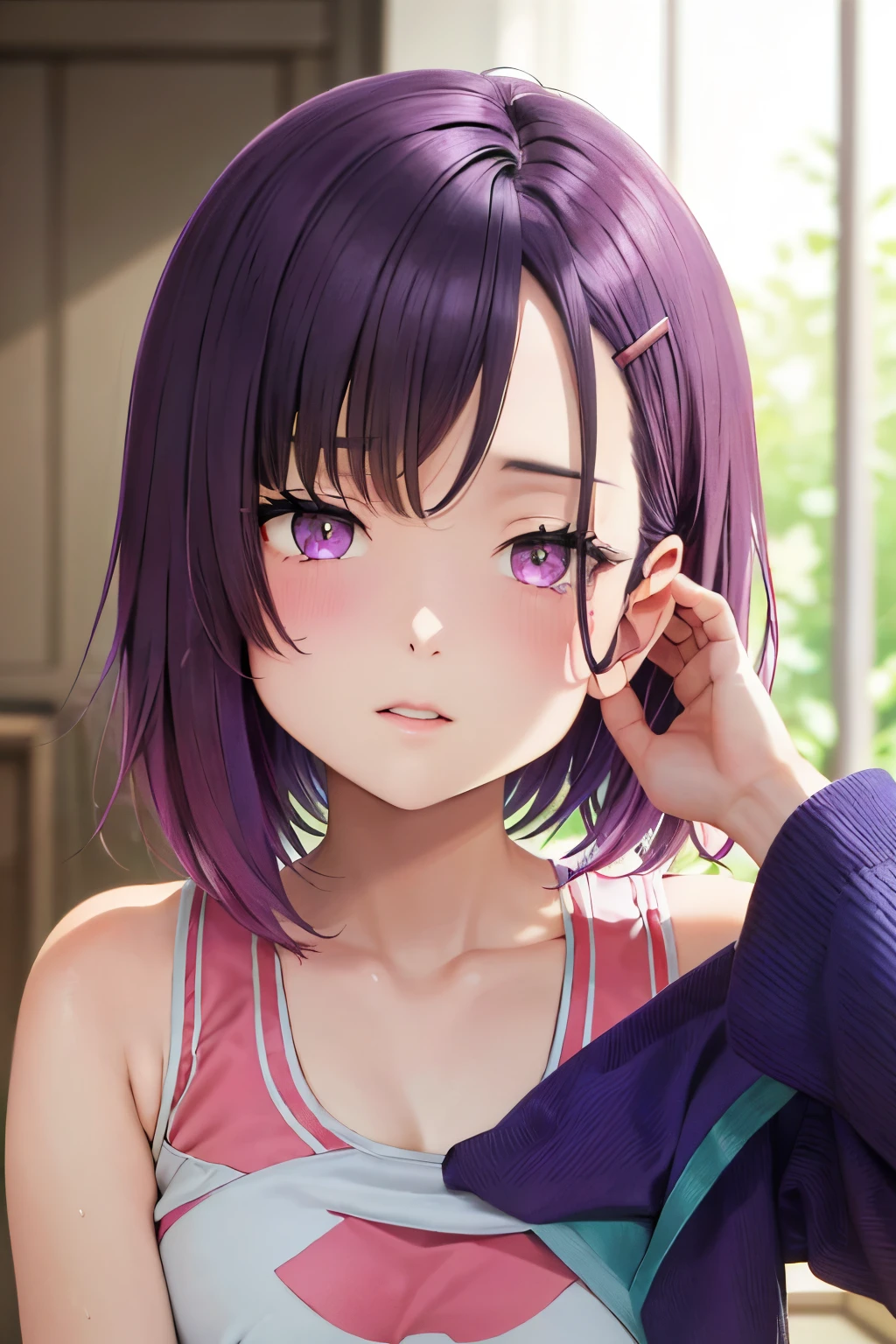 Masterpiece、top-quality、girl1、ultra-detailliert、Mikazuki Shizuka　Purple hair、short-hair、hair clips　Purple Eyes　red blush、kiss face　Sportsbra、Mikazuki Sizuka&#39;s clothes　Slouch、Put your hands on your knees、Faces close、Facial Close-up、Raking up your hair