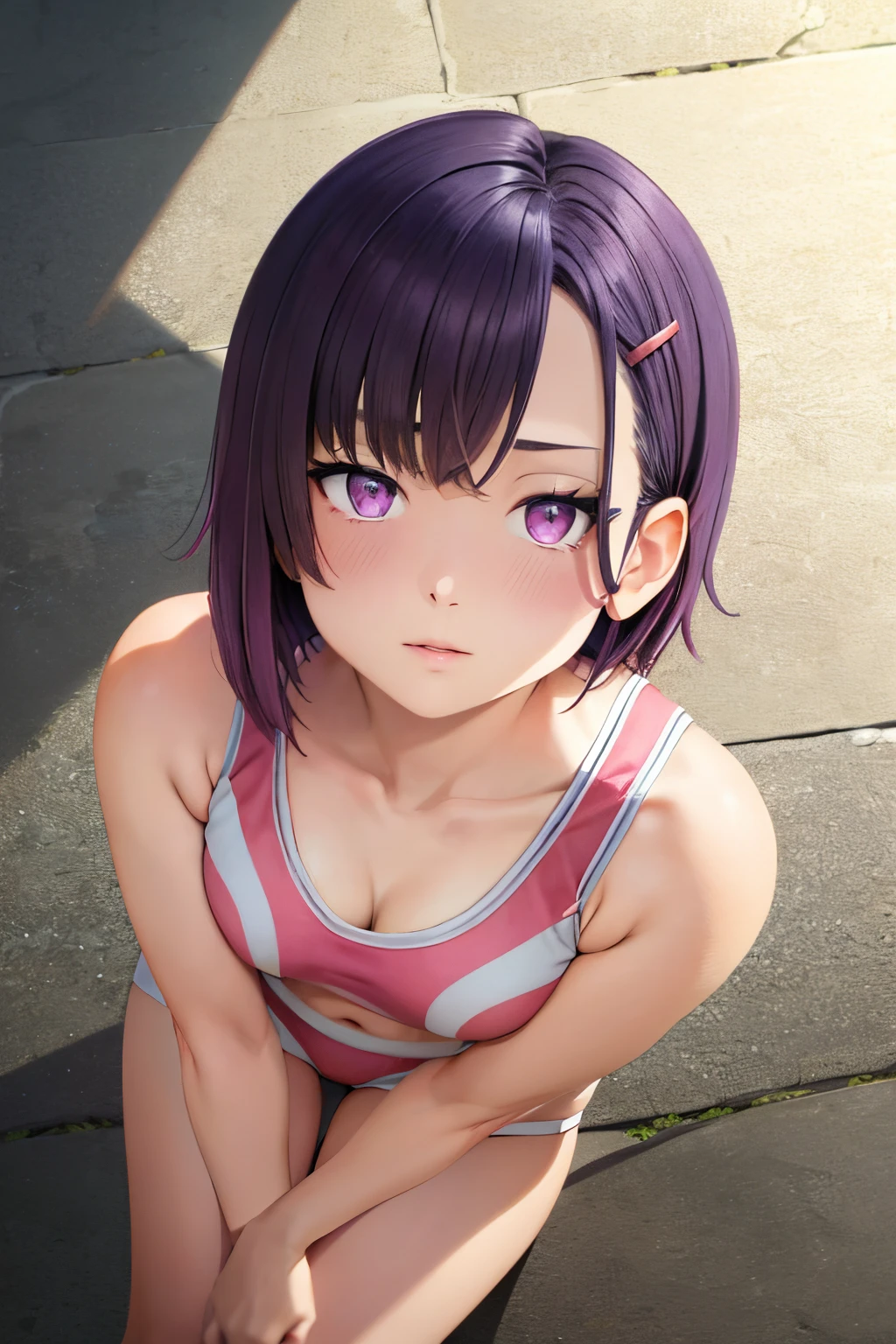 Anime girl with purple hair and purple eyes sitting on the ground - SeaArt  AI