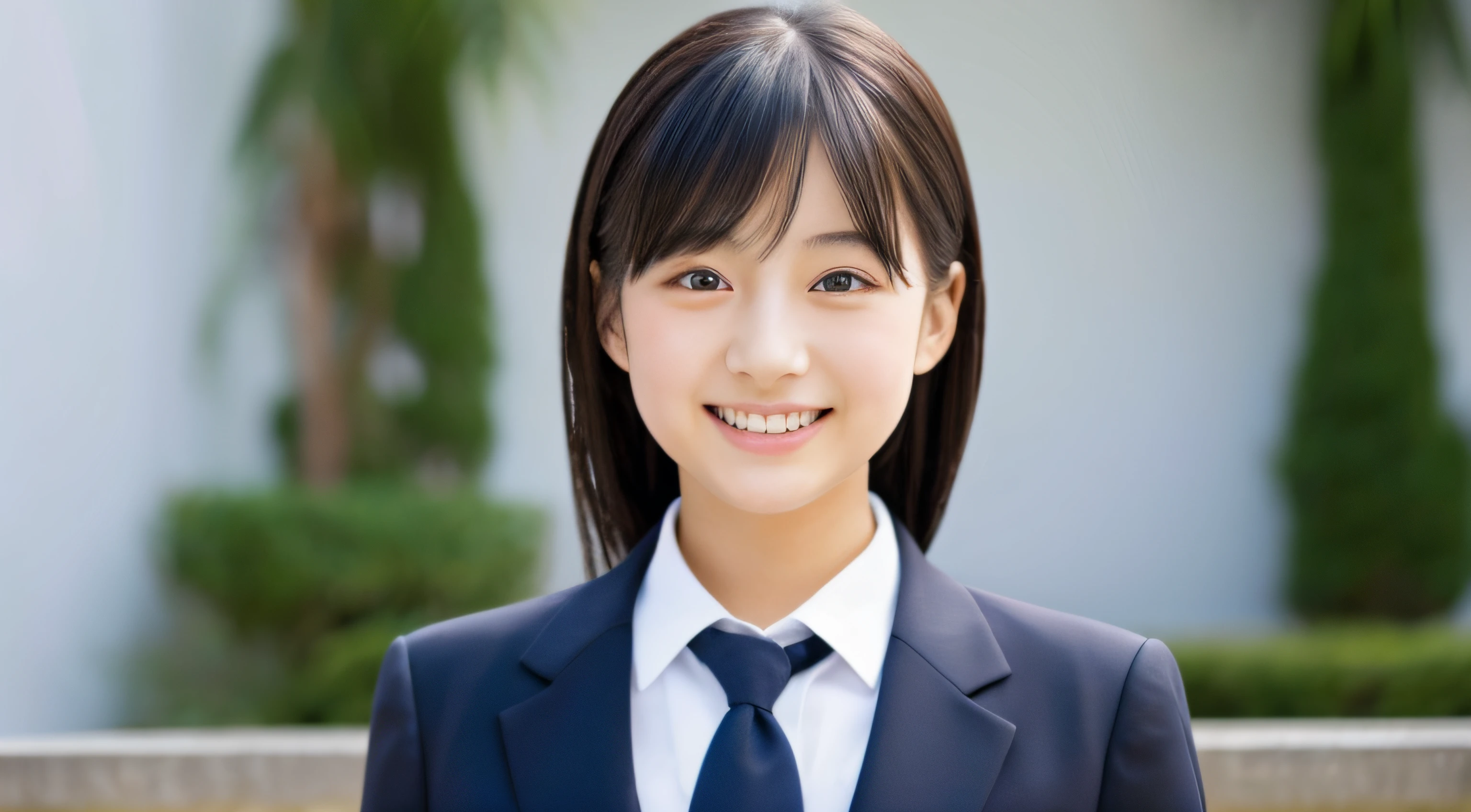 Smiling Japanese girl wearing a navy suit without a tie,Solo, from waist up, White background, Detailed beautiful eyes, Detailed beautiful face, Detailed beautiful hair with copy space