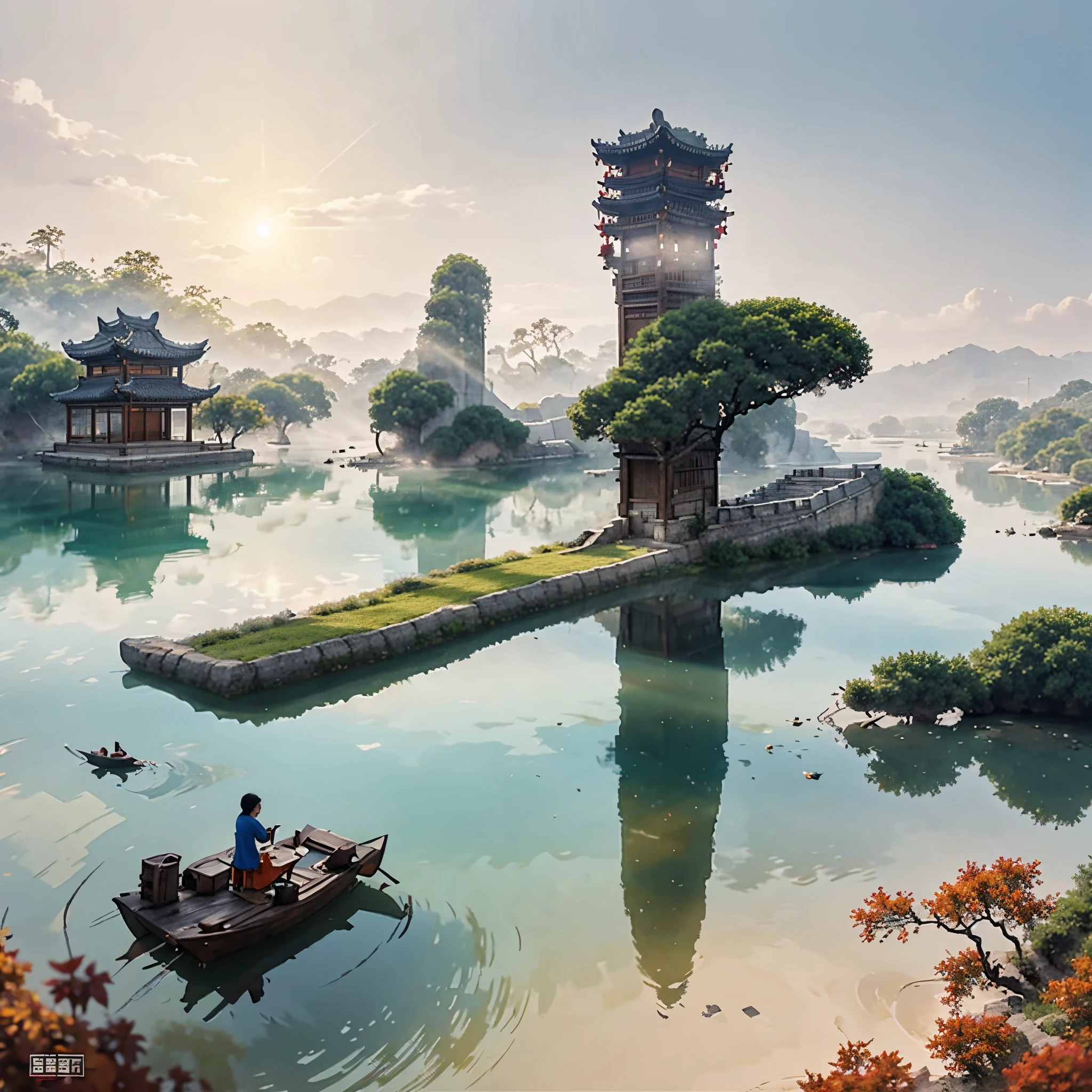 （景深效應）孤島上的中國古建築，亭，竹雜樹，雲，綠樹，橘子樹, 中國水彩風格, 中國畫風格, 中國風景, 中國傳統水彩畫, 中國畫, 高細部水彩8K, 高度細緻的水彩 8 k,倒像，點擊一點，光與影的界線清晰，光與影，光影效果，背景模糊了，很多顏色