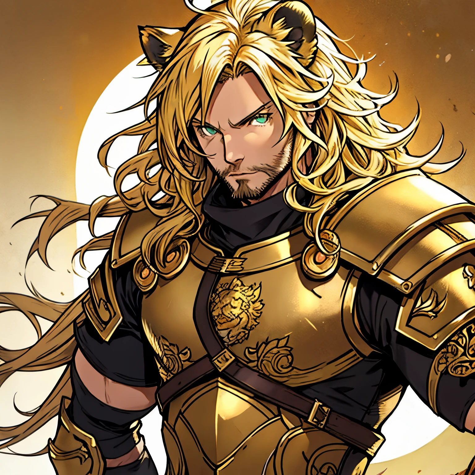 Fantasy sun armor, One male, lion ears, long hair, blond, blond hair, green eyes, tall, muscular, beautiful face, highest quality, masterpiece, 2d, anime, perfect face, highest detail, feline eyes, stubble, lion tail, wavy hair, full body shot, detailed face, intricate details, fantasy background, serious expression, solo, longsword