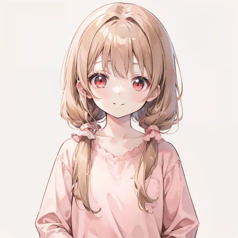 Pale brown hair，low twintails，light pink simple clothes， Cute little girl，red eyes，a smile