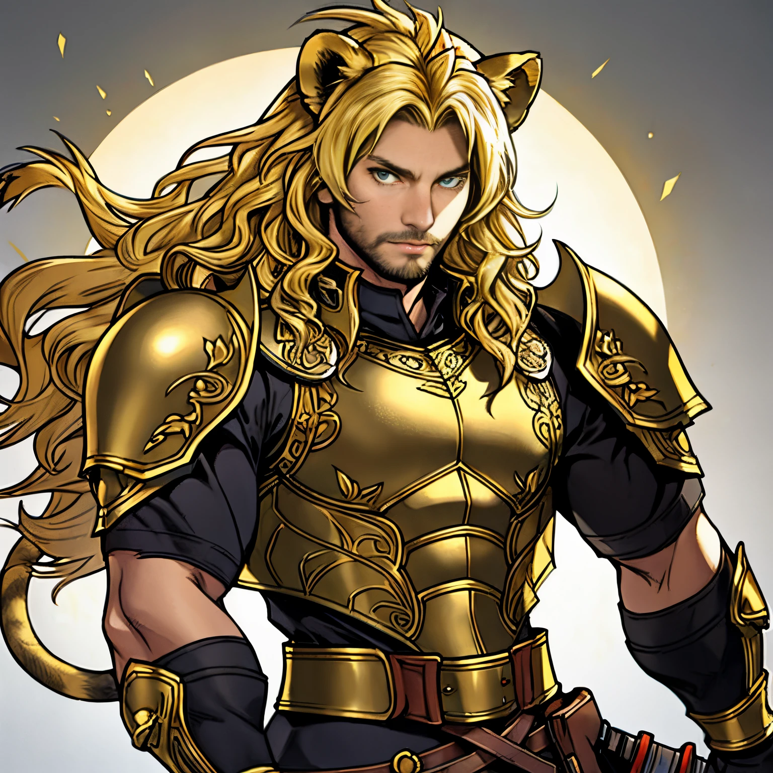 Fantasy sun armor, One male, lion ears, long hair, blond, blond hair, green eyes, tall, muscular, beautiful face, highest quality, masterpiece, 2d, anime, perfect face, highest detail, feline eyes, stubble, lion tail, wavy hair, full body shot, detailed face, intricate details, fantasy background, serious expression, solo, longsword