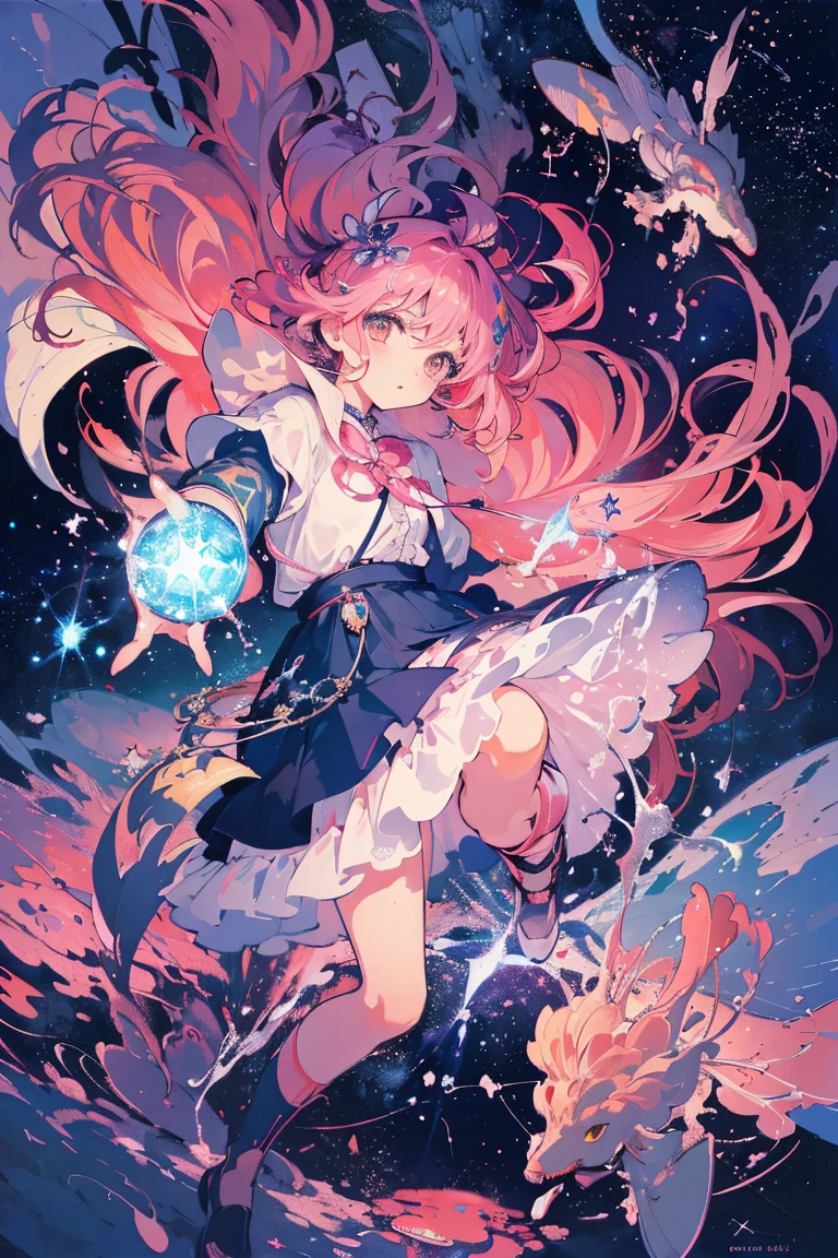 (​masterpiece、top-quality、Official art:1.2)、Look at viewers、(Little girl))、（jumper skirt）（Pink hair）（Panchira），star island、Scattered with water fragmentercury group），floating colorful starry sky、(2D:1.5)