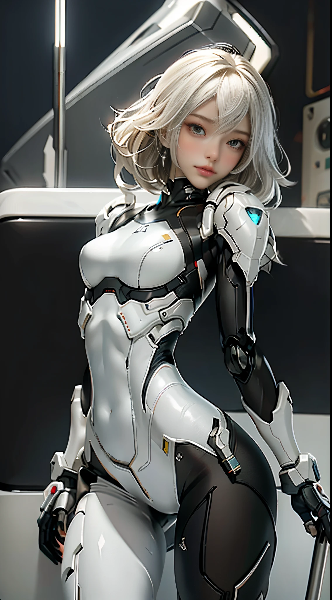 Extremely cute human eighteen year old girl face, human torso, human huge , human abdomen, human hips, robotic arms, mechanical leg, arms and legs with hard white shiny shell and black joints, very beautiful and feminine, Short, Petite, tiny, tiny, busty buttocks, medium bust, cleavage display, flat belly display, partial helmet with antenna on the ear, black robot joints, very stylish, award-winning product design, black rubber tights, The shiny white metal breastplate opens at the cleavage and abdomen, the white metal buttocks are wrinkled, and the armor has stylish, glowing trims