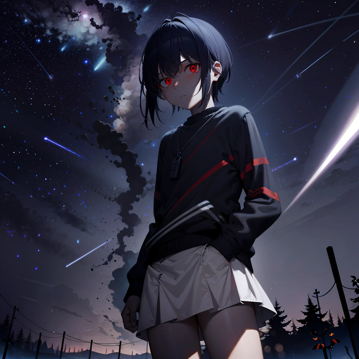 ​masterpiece, accel_nffsw,｛Little Boy｝ jumper skirt, red eyes, up close shot, scattered night flash background, under the starry sky;Meteor shower background, ighly detailed, (murky:1.3), murky, The dim, nffsw, vignettes, Unclean, (Slate atmosphere:0.8)，Shining starry sky