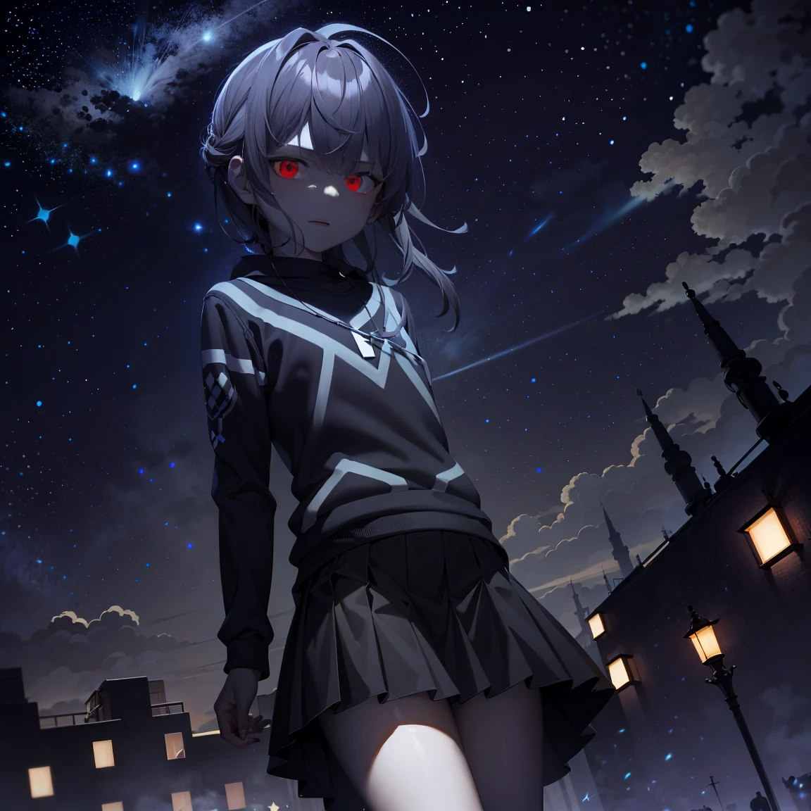 ​masterpiece, accel_nffsw,｛Little Boy｝ jumper skirt, red eyes, up close shot, scattered night flash background, under the starry sky;Meteor shower background, ighly detailed, (murky:1.3), murky, The dim, nffsw, vignettes, Unclean, (Slate atmosphere:0.8)，Shining starry sky