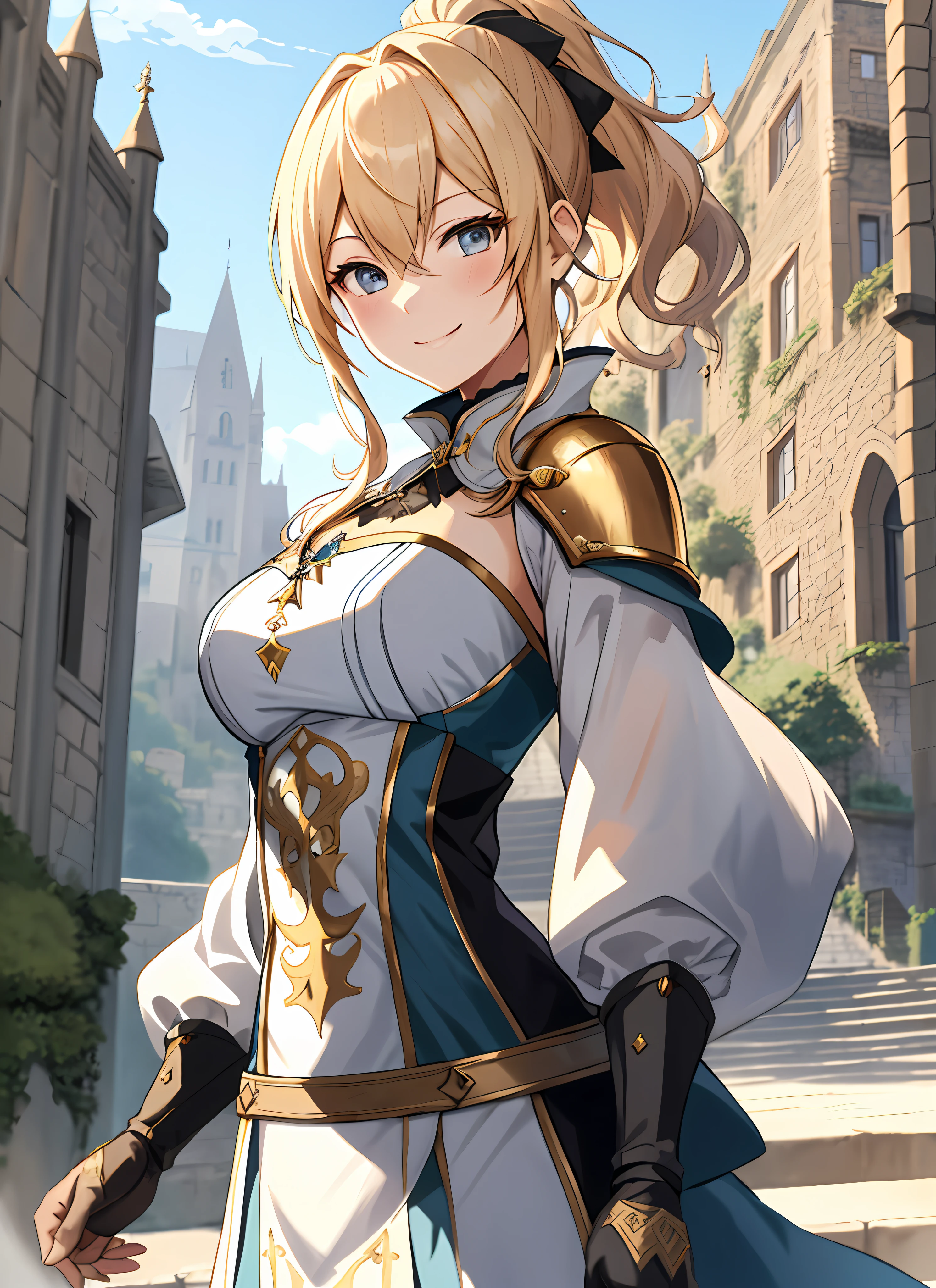 Elegant anime female character, golden ponytail, smile, blush, medieval knight aristocratic costume, outdoor, daytime,  background, blue sky, sky, medieval castle, looking at the audience, stairs, mountains, movie lighting effects, large aperture portrait, dynamic pose