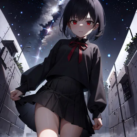 ​masterpiece, accel_nffsw,｛Little Boy｝ jumper skirt, red eyes, up close shot, scattered night flash background, under the starry...