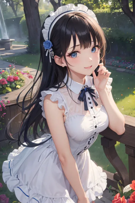 Very cute and beautiful girl,(very detailed beautiful face and eyes:1.2),
Smile,Black hair,Dynamic Pose,Beautiful legs,(Cowboy Shot),
Blue floral Lolita dress with detailed ruffles,
Flower Garden,Stone path,Distant trees々,
(Best Quality,masutepiece:1.2),In...