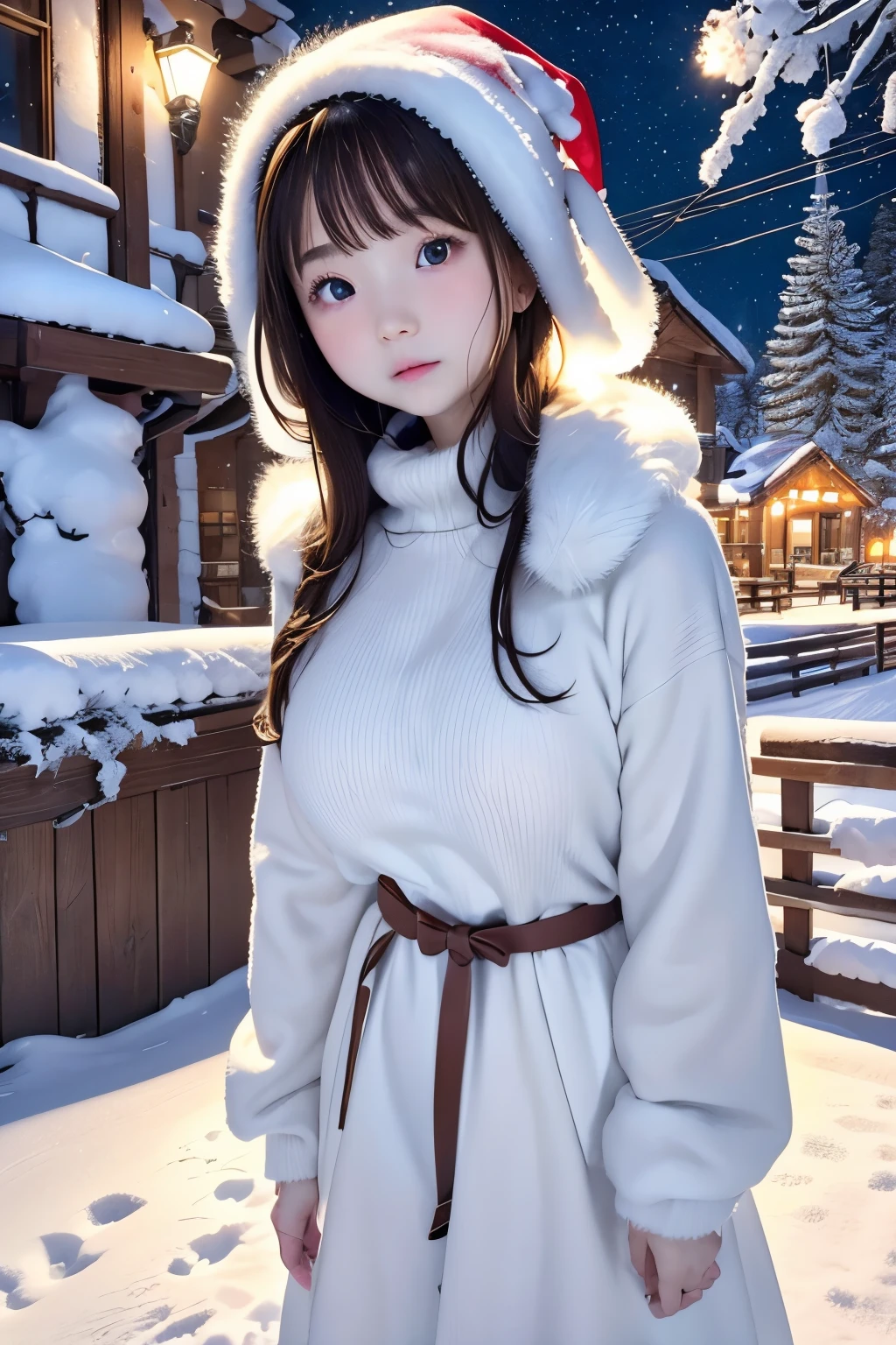 RAW shooting、Photorealsitic、masuter piece、one girls、a baby face、Very cute、Slender and beautiful、((small tits:1.2))、７Head and body、Meticulously drawn eyes、Attractive eyes、Twin-tailed、Breasts like a cutting board、Holy Night、Holy Night、Starry sky、It's snowing、Fashionable winter clothes、Eskimo、Frigid winter、snowscape、white Christmas、Christmas tree、Christmas Colors、