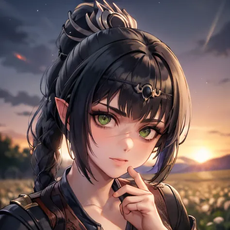masterpiece, best quality, 1girl, shadowheart, green eyes, closeup, looking at viewer,  field background, night sky