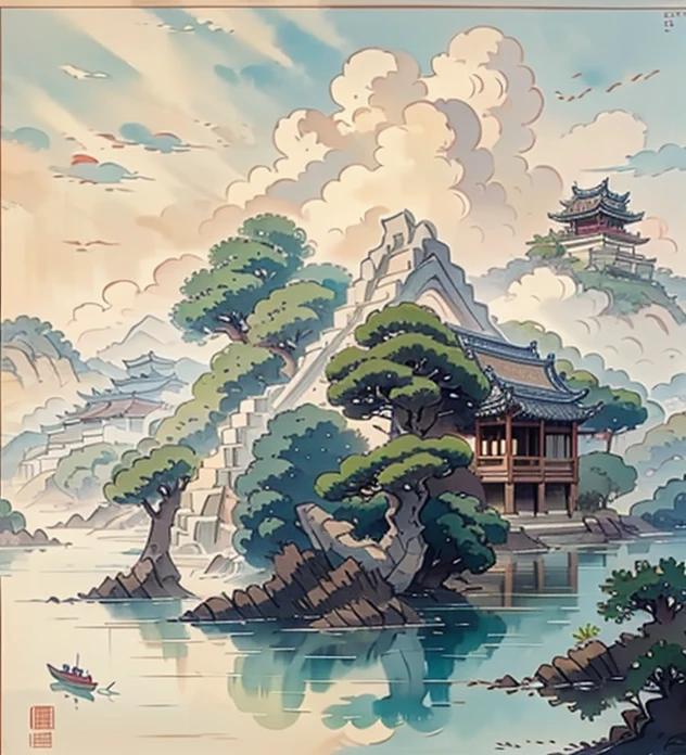 （Depth of field effect，）Ancient Chinese buildings on an isolated island，kiosk，Bamboo miscellaneous tree，​​clouds，green trees，Orange trees, chinese watercolor style, chinese painting style, Chinese landscape, traditional Chinese watercolor painting, chinese paintings, High detail watercolor 8K, highly detailed water colour 8 k, Reflection on the Seine，click a little，The boundaries between light and shadow are clear，light and shadows，light and shadow effect，The background  blurred out