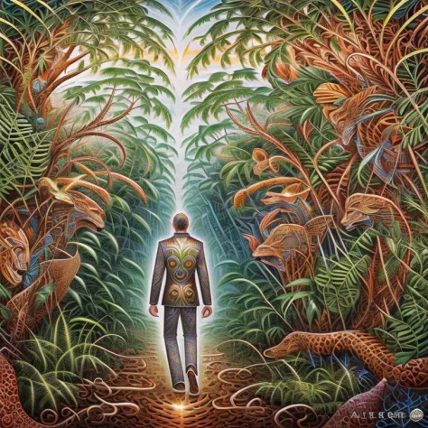 surreal art, alex, alex grey, man walking in deep jungle