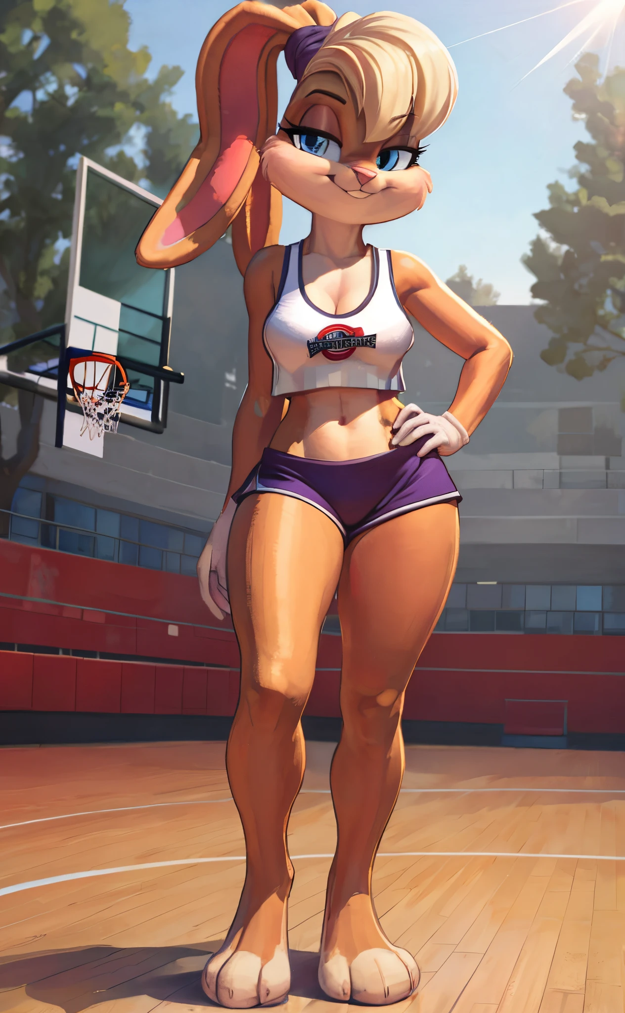 A cartoon picture of a woman in a bikini and a basketball hoop - SeaArt AI