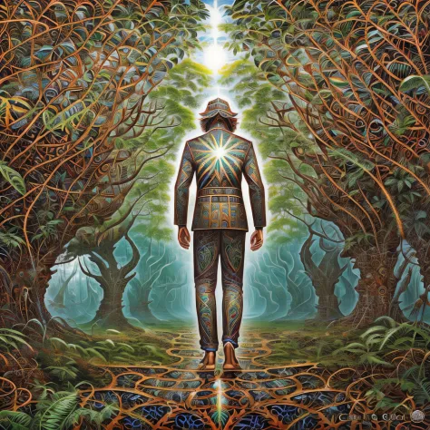surreal art, alex, alex grey, man walking in deep jungle, perspective, grid