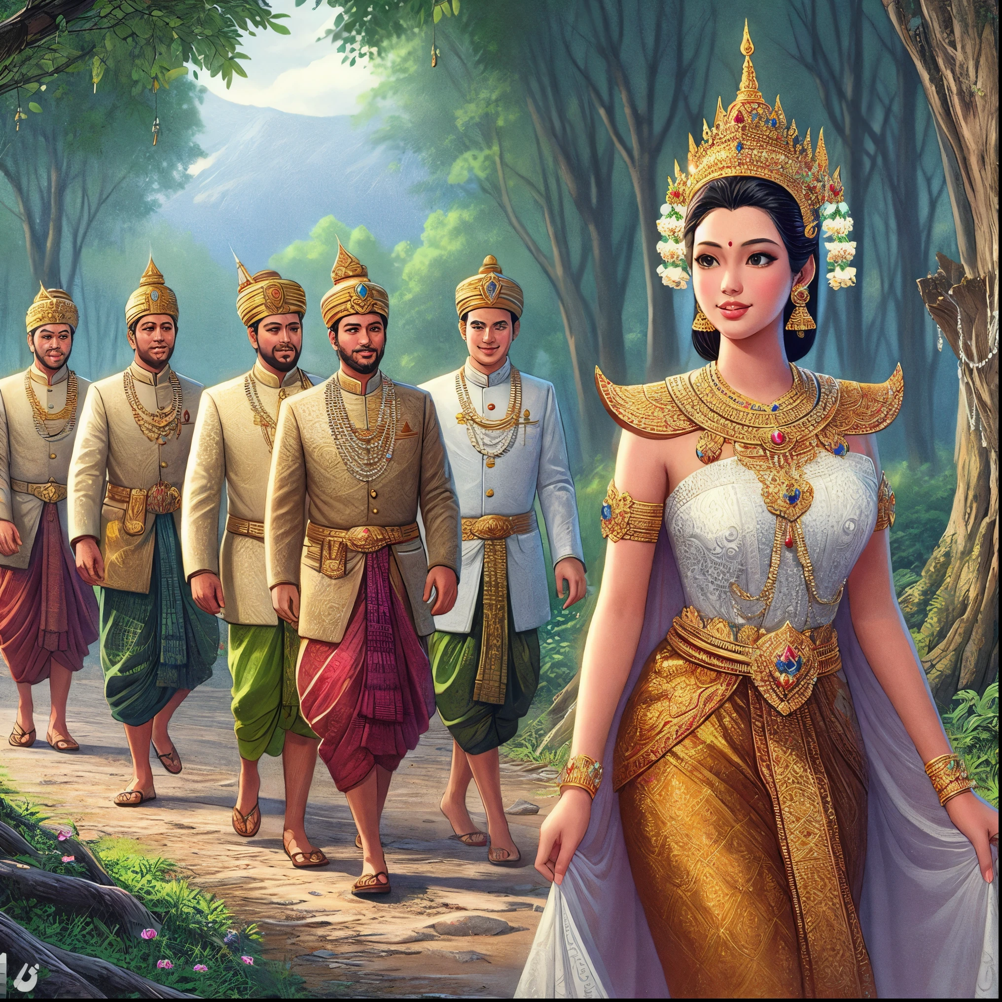 길을 걷고 있는 한 무리의 사람들의 아라페드 이미지, 흰 예복을 입은 고대 왕들, 태국 예술, 고대 리부 공주, 니반 찬타라, 아름다운 환상의 황후, 전통적인, 전통적인 beauty, 인도의 부의 여신, 라마얀 출신, 앙코르 테이퍼드, 여신들, 고대 부족, 미인대회 렌더링, 왕실 여성, 여신 여왕