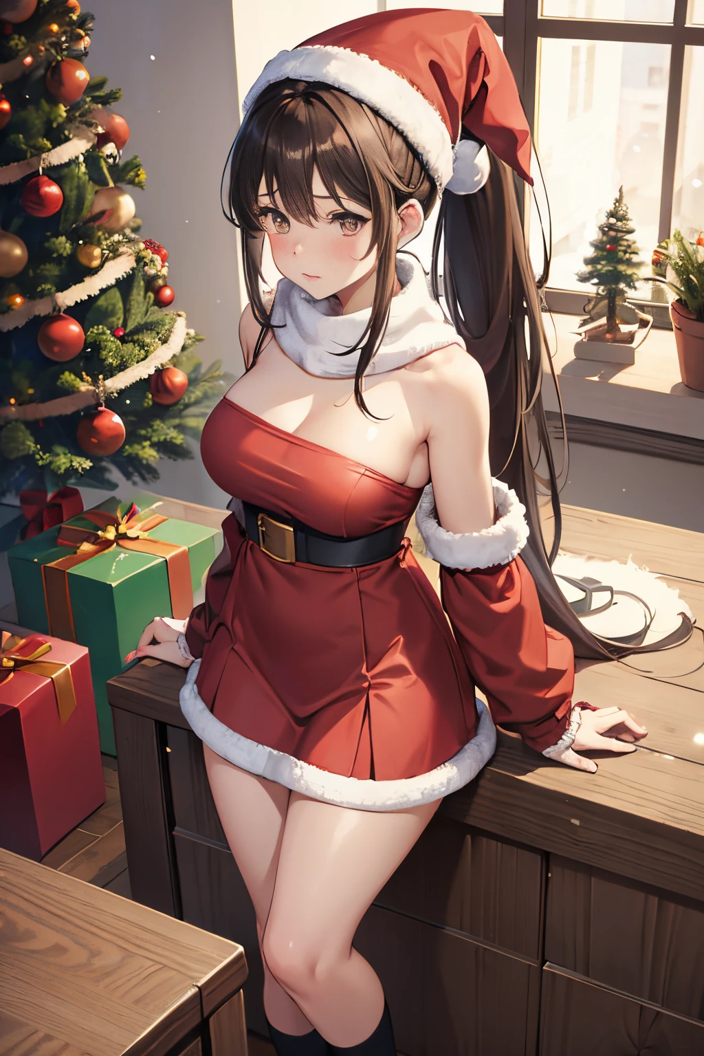 Anime girl in santa outfit posing in front of christmas tree - SeaArt AI