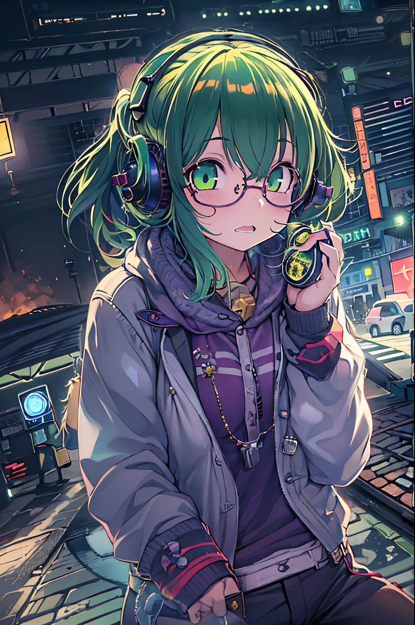 Anime, Deejay Girl, nffsw, DJ Girl, headphones, rave, (Highest picture quality),masutepiece,Best Quality,extremely detailed CG wallpaper, Ultras_Detailed,(Cinematic lighting:1.1), (Cold Face), Green eyes, 1girl in, Solo, Dark green_hair, Short_hair, masutepiece, Best Quality, Glasses