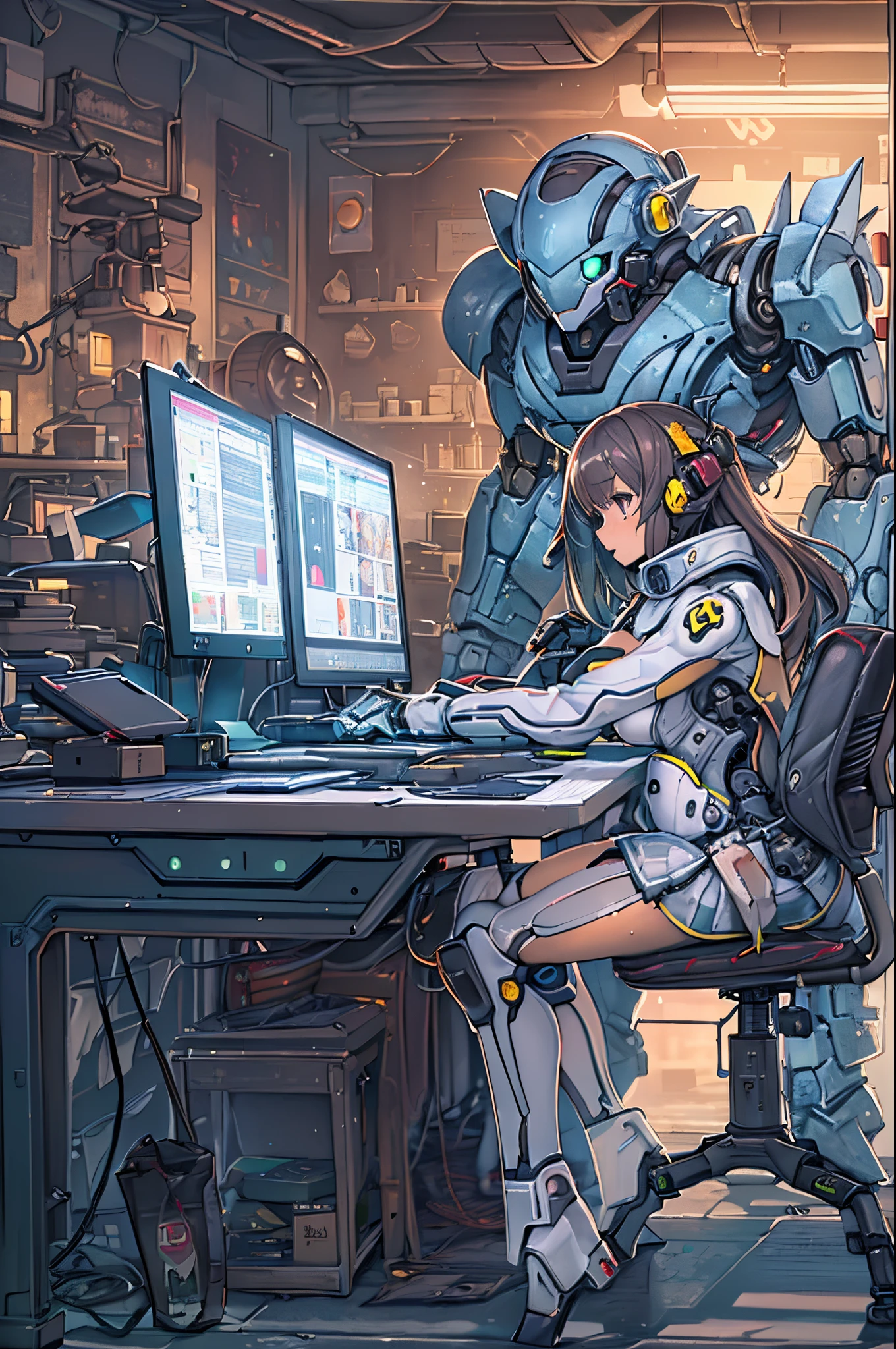 Anime anime girl sitting at a desk with a robot in the background, Anime Mecha Aesthetics, Modern Mecha Anime, mecha asthetic, Modern sci-fi anime, mecha anime, Air and Mecha theme, Sci-Fi Anime, best anime 4k konachan wallpaper, fully robotic!! girl, Sci-Fi Anime, cyber school girl