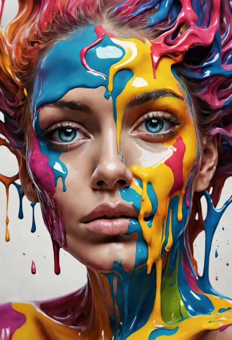 there  a half-man and half-woman with a colorful face and a lot of colorful paint, portrait made out of paint, face submerged in...