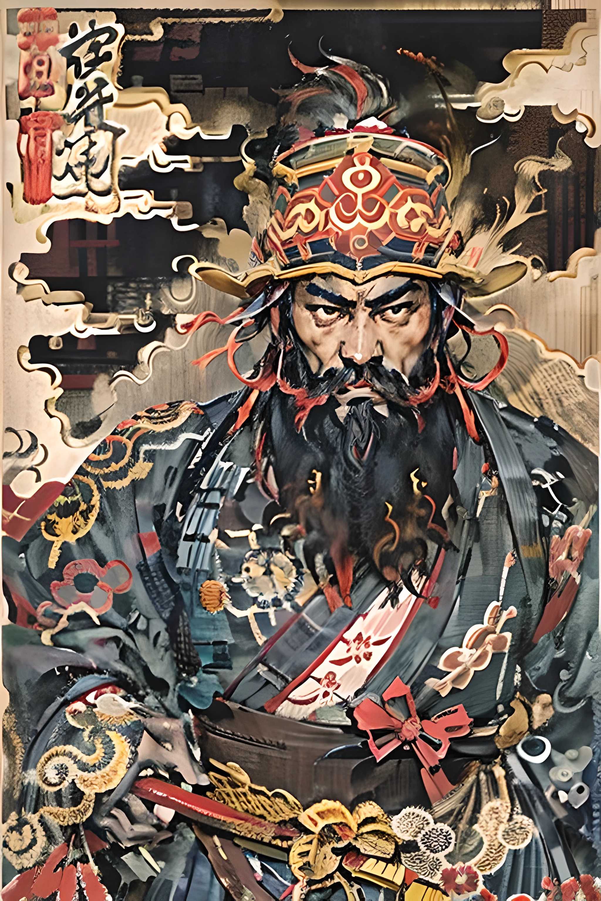 C&#39;est une peinture complète du corps avec des couleurs naturelles，Dessin au trait de style Katsushika Hokusai。Le général grand，comme un homme fort。Son expression solennelle et virile，Plein de détermination，casque minoritaire，Barbe noire épaisse Viking，Barbe fendue。Il porte une armure noire sur le haut du corps。Avec la plus haute qualité，Chef-d&#39;œuvre de style ukiyo-e haute résolution composé d&#39;éclairs et de flammes tourbillonnantes et le corps tourné vers l&#39;avant.，Le dos droit。