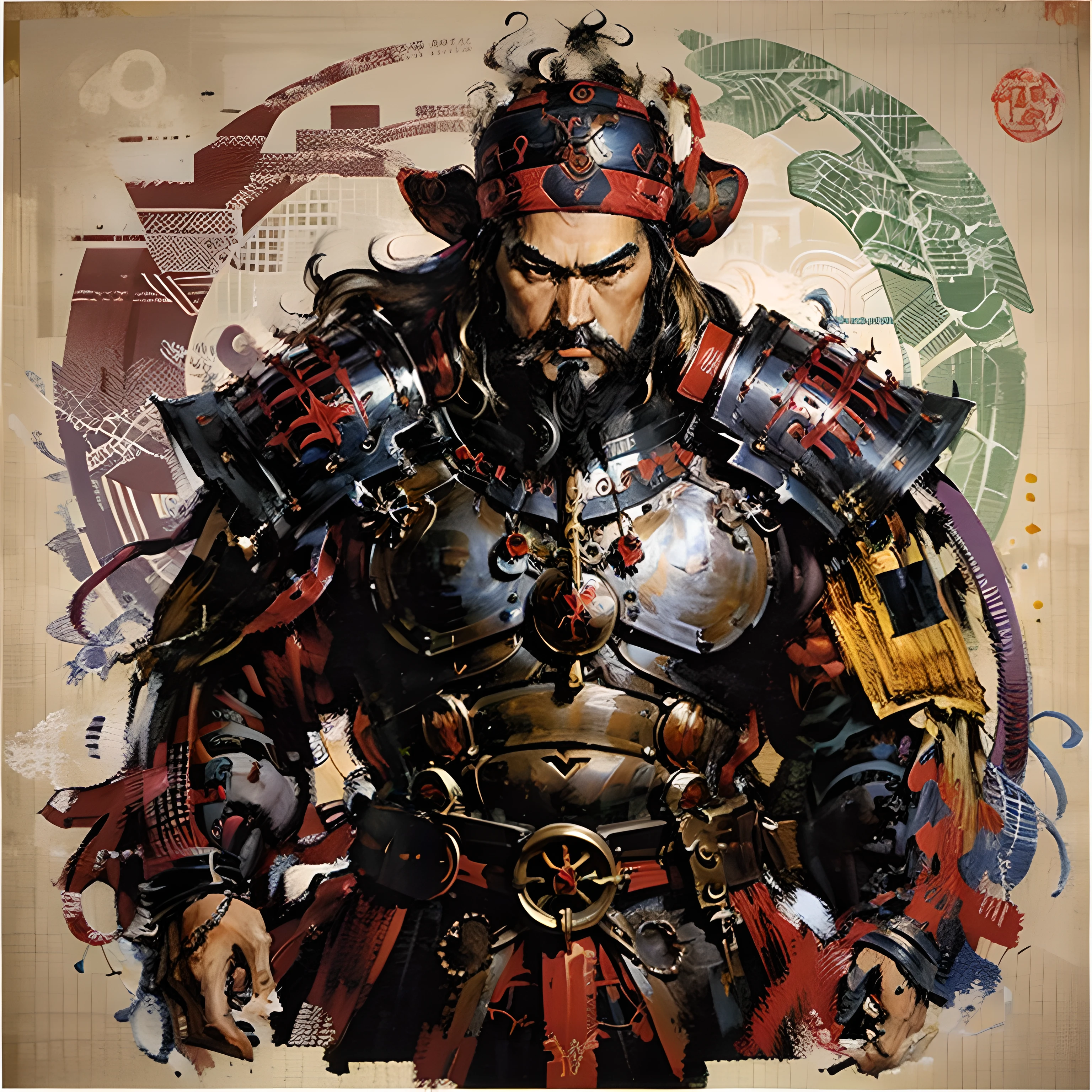 This  a full-body painting with natural colors，Katsushika Hokusai style line drawing。The general  tall，like a strong man。His expression  solemn and manly，Full of determination，minority helmet，Viking thick black beard，Split beard。He wears black armor on his upper body。with the highest quality，High-resolution ukiyo-e style masterpiece of lightning and swirling flameace and body facing forward，The back  straight。