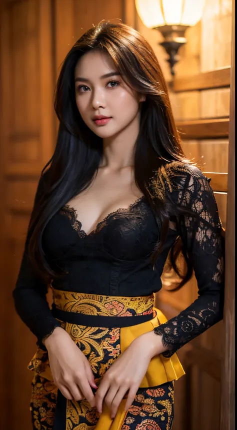 1 Indonesian-Dutch girl, 25 years old, long fashion hair, fit body, small cleavage, skintight black lace kebaya, batik skirt, ma...